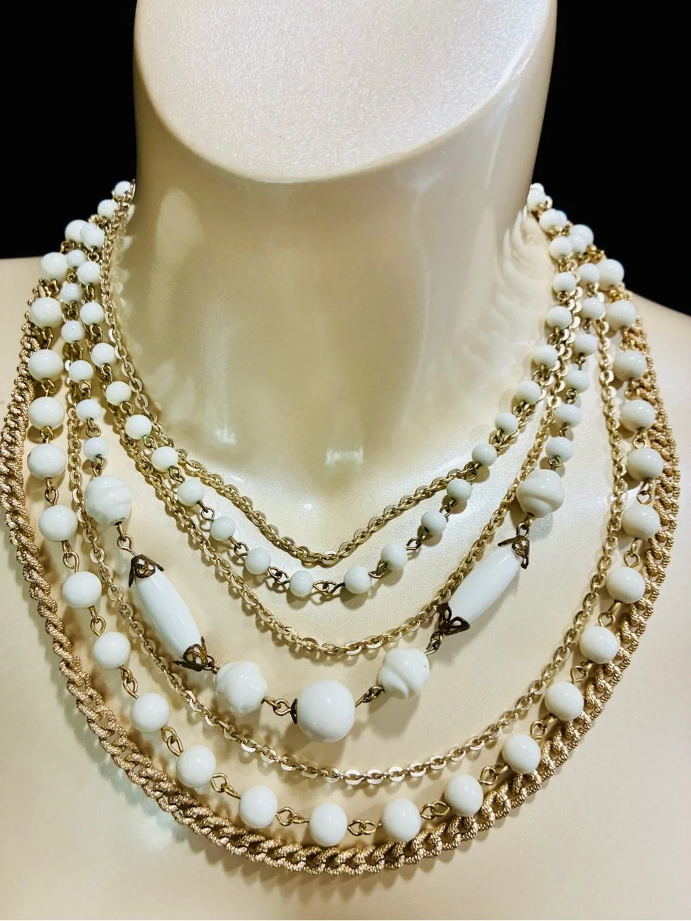 Signed Multi-Strand White Bead and Gold Chain Statement Necklace MCM Retro EUC